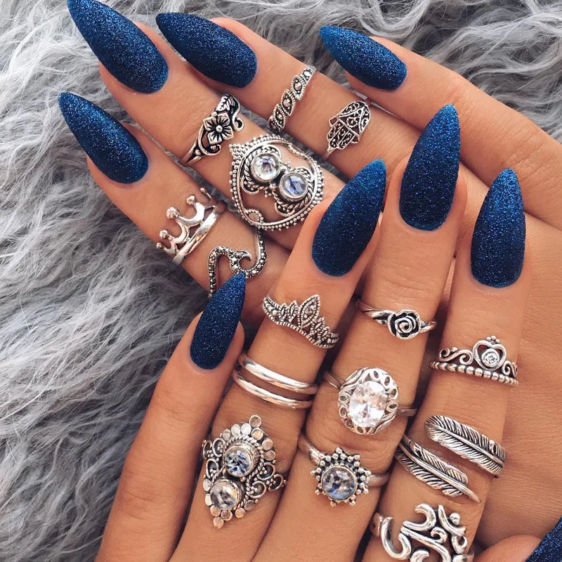 

16 PCS/Set Statement Mix Design Opal Midi Knuckle Rings Set For Women Boho Geometric Crystal Pattern Flower Rings Party Jewelry
