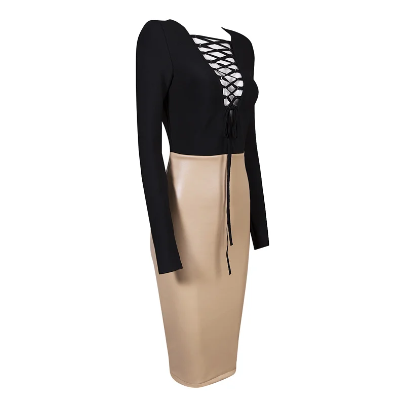 Bqueen Новинка 2017 лоскутное Бандажное платье из искусственной кожи на шнуровке