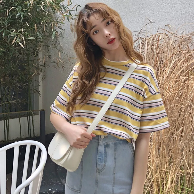 Brand New Summer Casual T Shirt Short Sleeve O-Neck Tee Women's Fashion Striped Loose T-shirt | Женская одежда