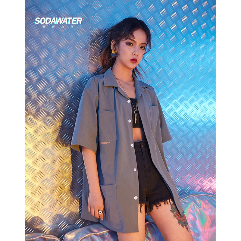 Женская уличная рубашка SODAWATER свободная с коротким рукавом и отложным воротником