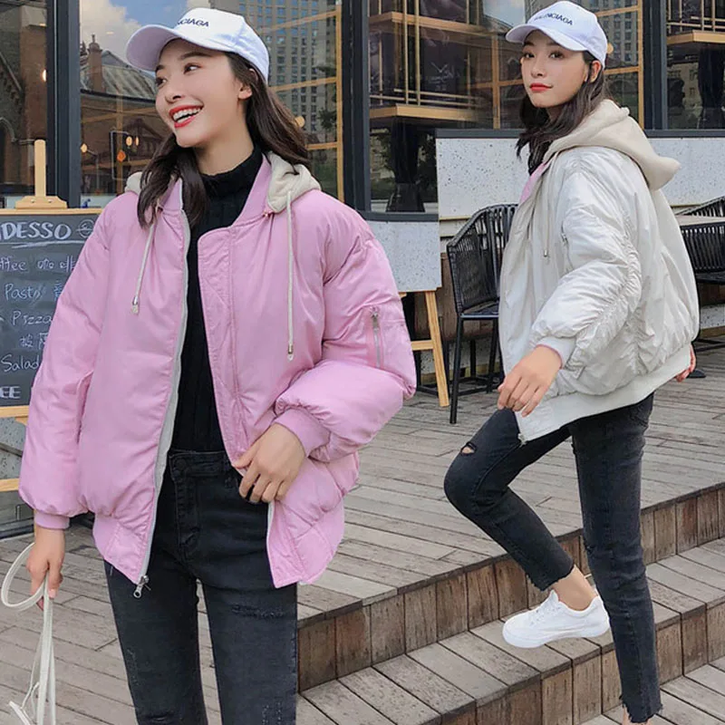 Pink And Beige Корейский стиль, модная зимняя женская куртка с капюшоном, двухсторонняя, с хлопковой подкладкой, женская верхняя одежда, парка, Ovesized пальто - Цвет: Pink And Beige