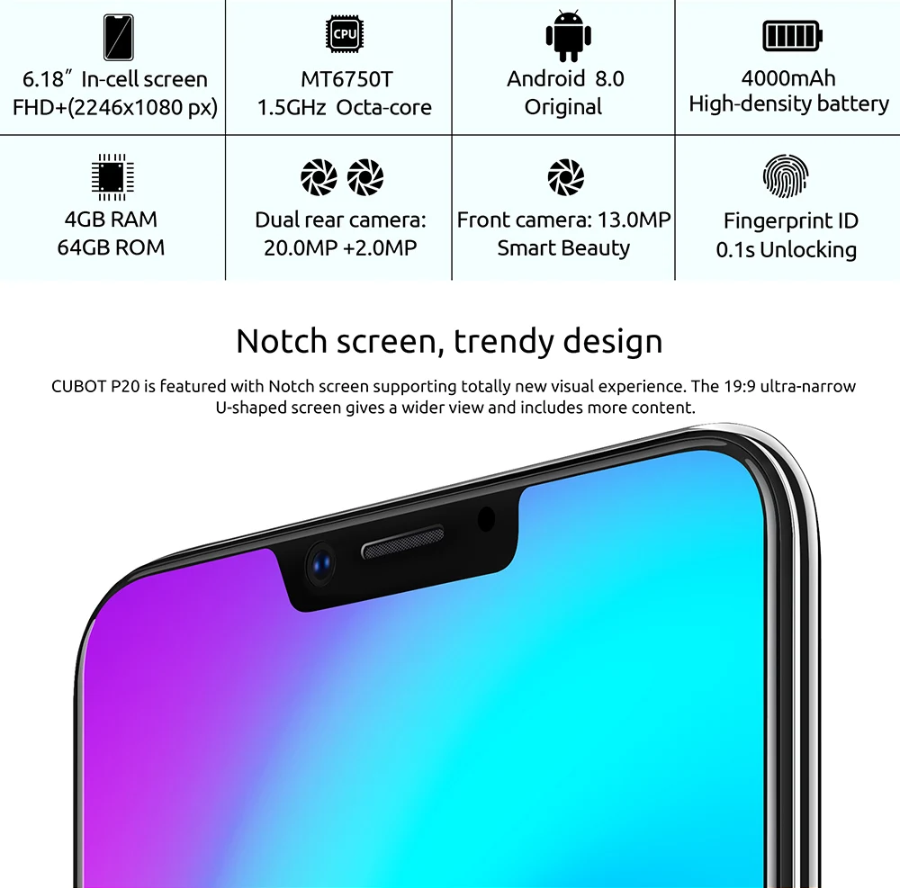 Cubot P20 Android 8,0 19:9 Нотч экран 4 Гб 64 Гб 6,18 ''MT6750T восьмиядерный смартфон 4000 мАч 2246*1080 20 Мп+ 2.0MP 4G телефон