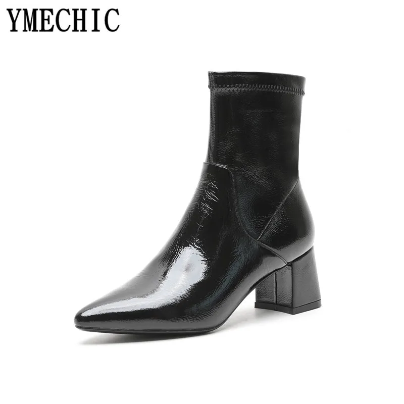YMECHIC/2018 лакированные туфли из натуральной кожи с острым носком на высоком блочном