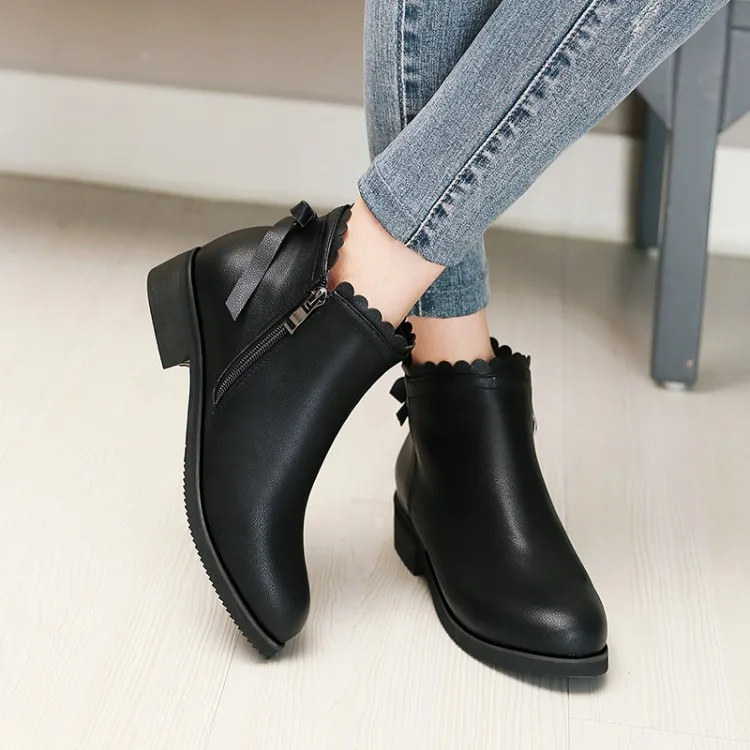 Ботинки с круглым носком на толстом каблуке низком бантом боковая молния модные