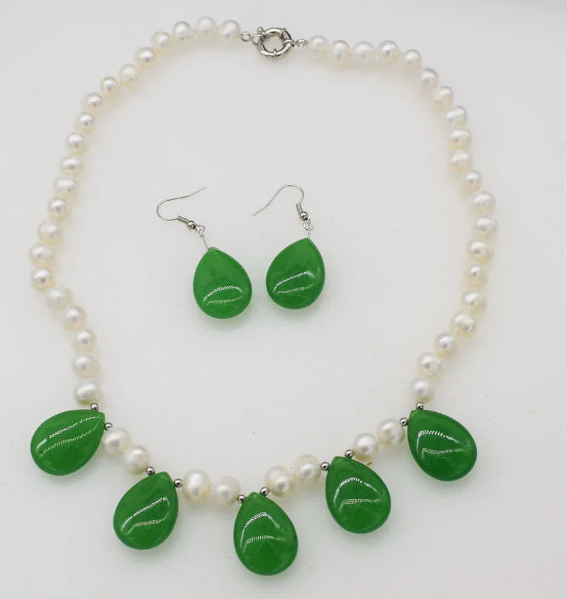 freshwater pearl round 8-9mm &ampgreen jade drop earrings necklace 18&quot wholesale | Украшения и аксессуары