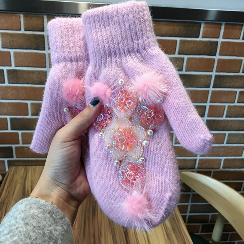 Модные женские зимние перчатки для девочек, однотонные стразы, меховые варежки с жемчугом, мягкие теплые двухслойные женские перчатки luvas