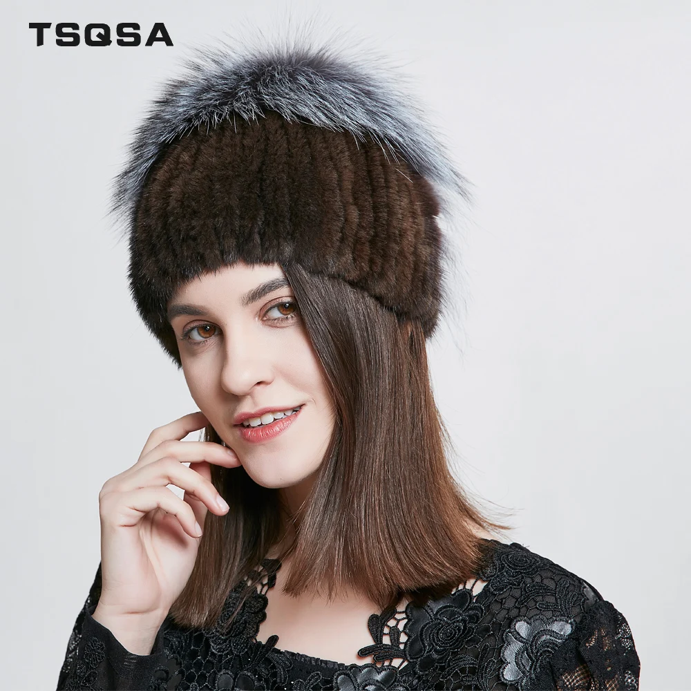 TSQSA Женские Теплые Шапки из Натурального Меха Норки С Лисой Зимой Меховые Шапки Норки Меха Женские Качественные Повседневные Шапочки Роскошная Леди Шапка TAH1819