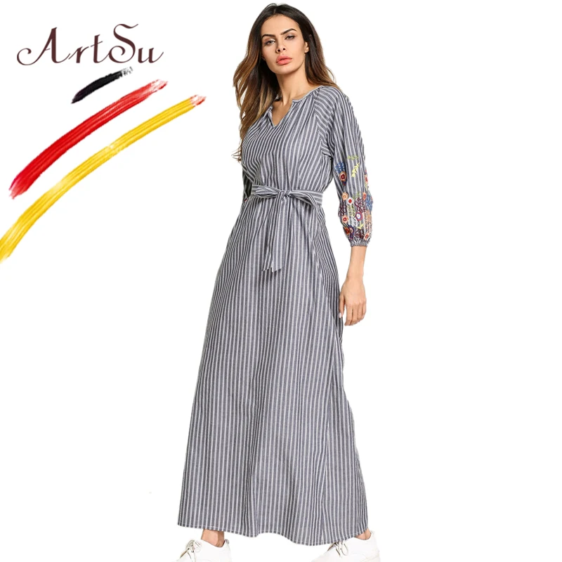 Арцу Бохо Цветочная вышивка Макси платье женское 2018 Полосатое винтажное