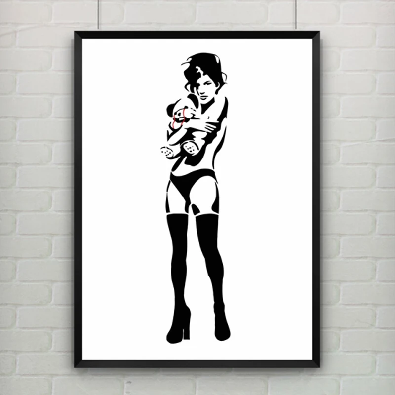 Сексуальная девушка и плюшевый мишка по Banksy печати граффити художественный