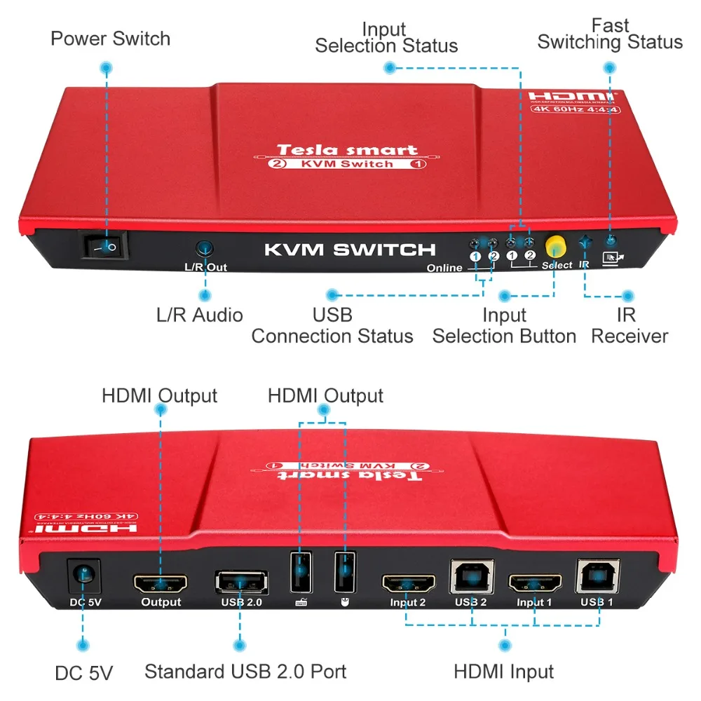 Tesla smart высокое качество 4K@ 60Hz USB HDMI KVM переключатель 2 порта USB KVM HDMI переключатель поддержка 3840*2160/4K* 2K дополнительный порт USB 2,0