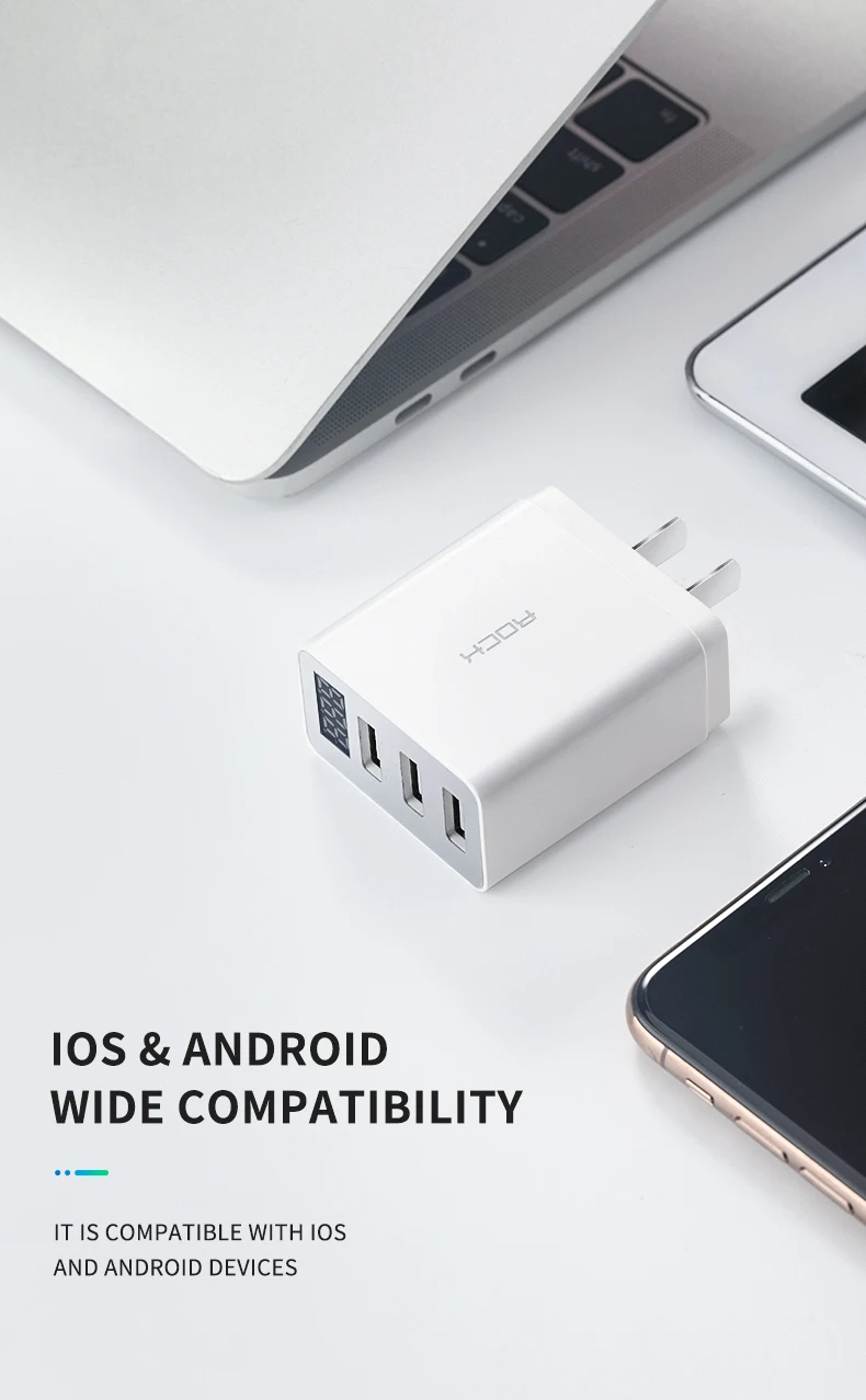 ROCK 3 Port USB Phone Charger LED Display EU Plug Total Max 3.4A Smart Fast Charger Mobile Wall Charger for iPhone iPad Samsung