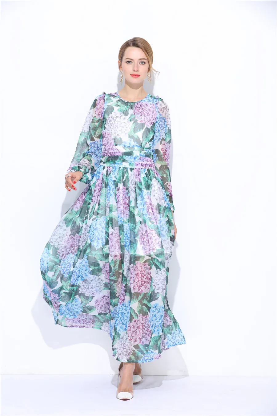 2017 женское Модное шифоновое платье для подиума Длинные рукава с цветочным