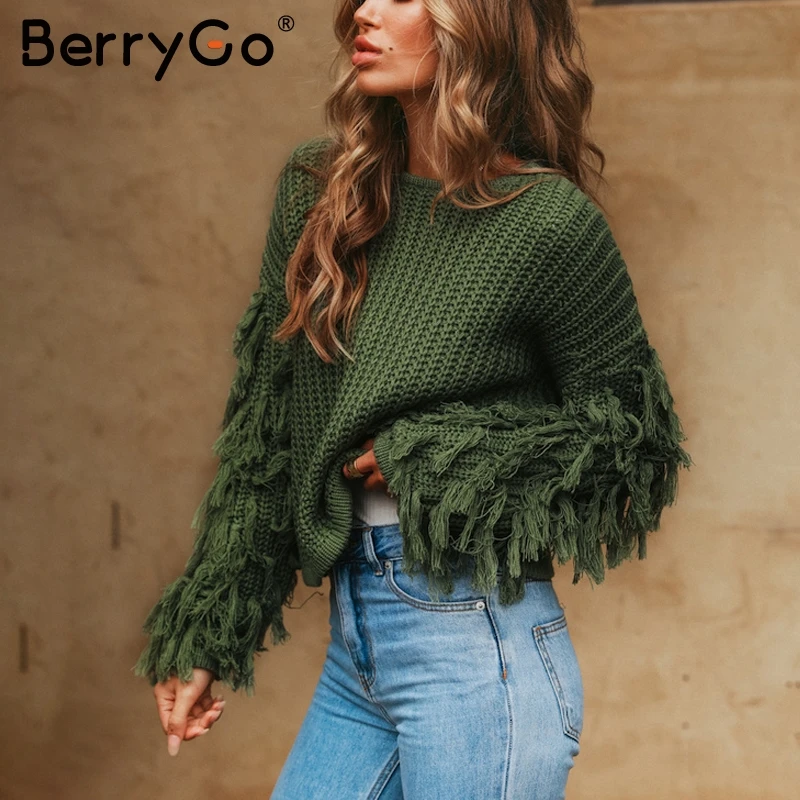 Женский свитер с длинным рукавом BerryGo повседневный армейский зеленый круглым