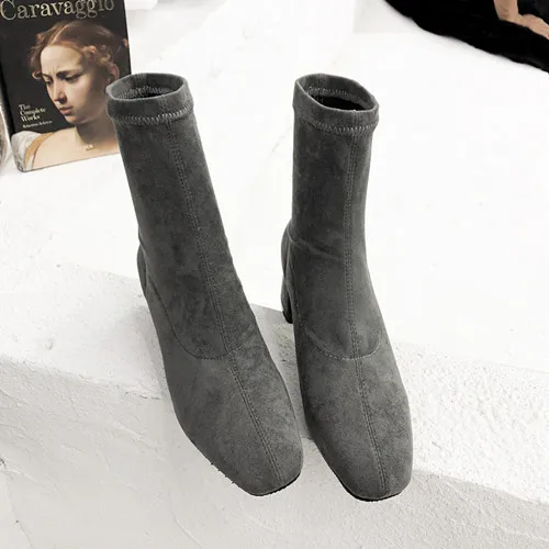 2 gray Новые женские ботильоны из флока; сезон осень-зима; модные женские ботинки «Челси» с круглым носком на каблуке; большие размеры 35-42 - Цвет: 2 gray