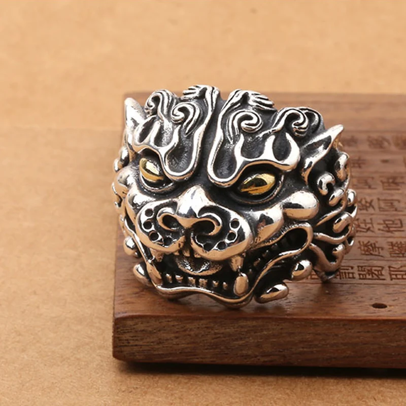 

S925 silver men's domineering open ring vintage silver exaggerated animal beast old ring