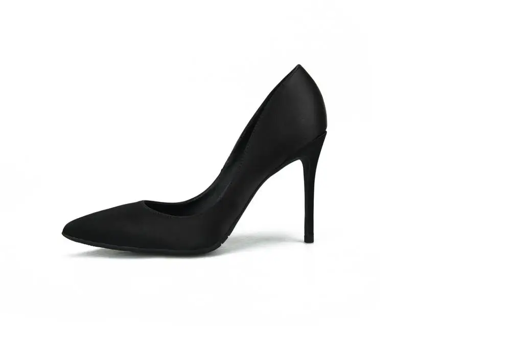 Black 10cm GENSHUO женские туфли на высоком каблуке; женские туфли-лодочки; красные шелковые свадебные туфли с острым носком на шпильке; большие и маленькие размеры 32-46 - Цвет: Black 10cm