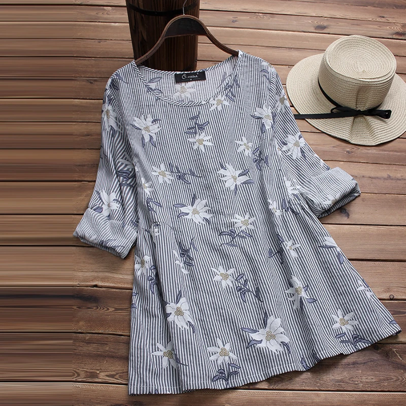 2018 осень элегантный полосатый с длинным рукавом из хлопка и льна круглым вырезом