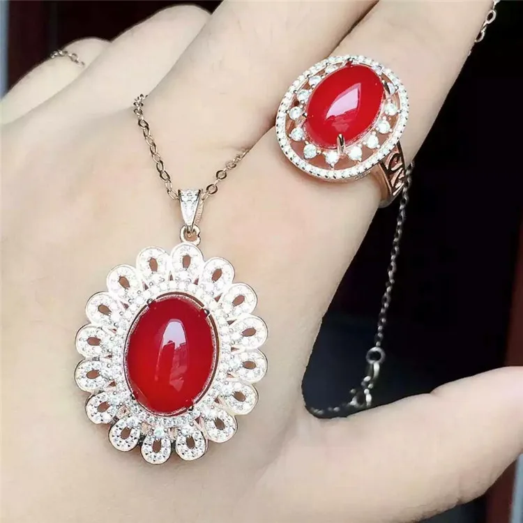 KJJEAXCMY boutique jewels 925 Pure silver inlay natural ruby medulla ring + pendant set with diamond vine helix