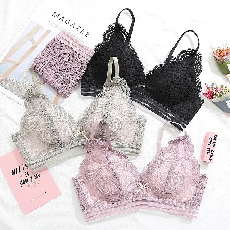 Illusory 2018 New Women Fashion Pink Lace Jacquard Bow Trim Wireless Sexy Lingerie Set Cotton Panties Padded Seamless Bra Sets | Женская
