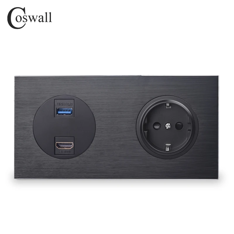Черная алюминиевая панель Coswall с HDMI совместимым портом 2 0 и USB 3 16 А настенная