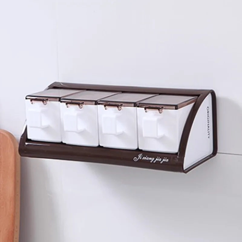 4 grids coffee Пластиковая кухонная полка для стеллажа, Настенная коробка для хранения банок для специй, органайзер, держатель, стойка с ложкой, кухонный Органайзер - Цвет: 4 grids coffee