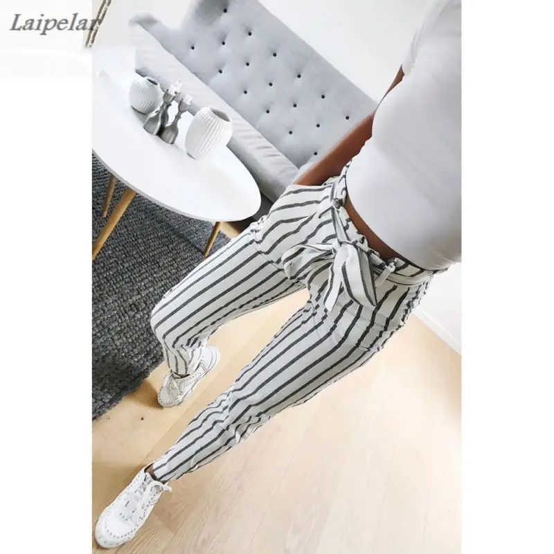 Брюки женские повседневные со средней талией милые штаны в белую полоску с