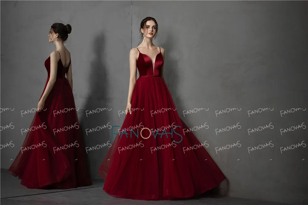 Burgundy Evening Dresses Long Straps V Neck Tulle Velvet A-Line Lace Up Back Evening Gown Prom Dress Robe de Soiree NE58