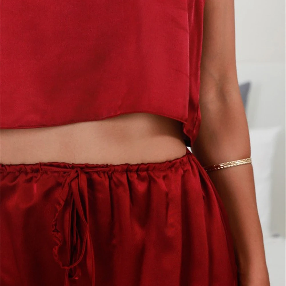 2019 Sexy Summer Solid Color Nightwear Women V Neck Camisole Top Ruffled Shorts Sleepwear Strap Sling Silky Pyjama Sets | Женская одежда