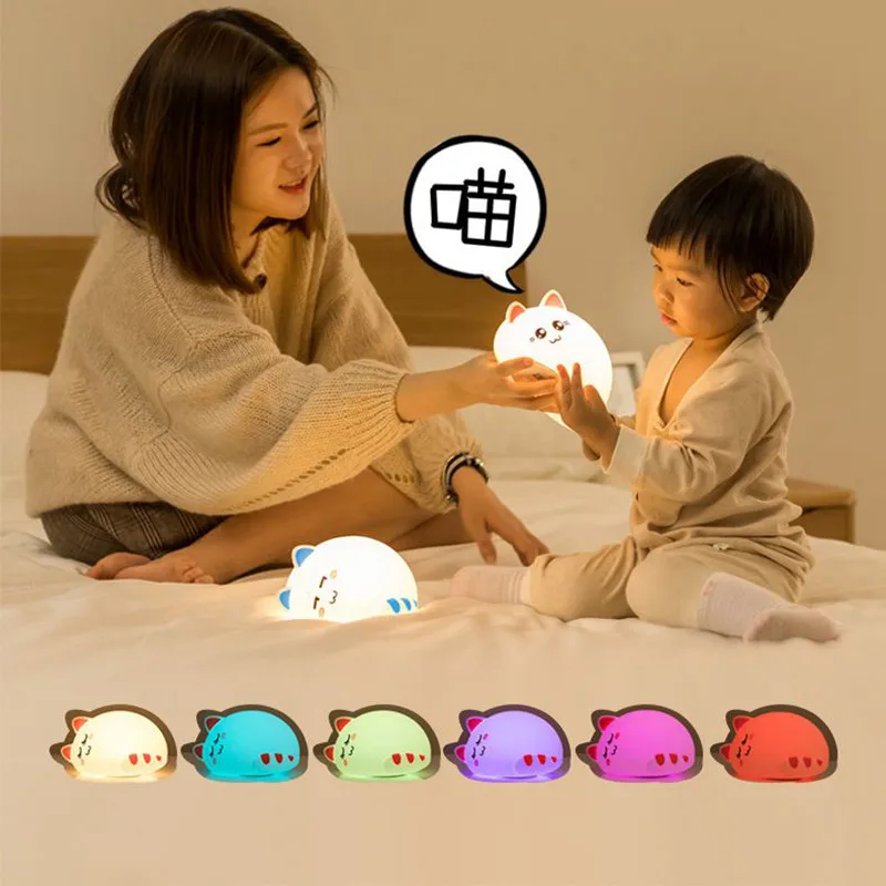 Sensor Touch Tap LED Night Light For Kids Baby USB Rechargeable Soft Silicone Cat Nursery Lamp Color Change Children Xmas Gift | Лампы и