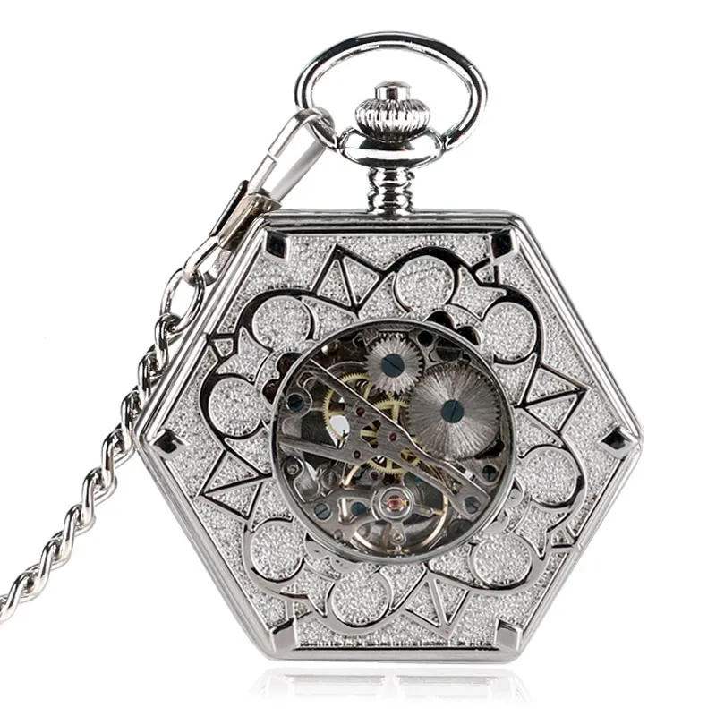 

Luxury Steampunk Hexagon Shape Mechanical Pendant Trendy Hollow Snowflake Hand Winding Vintage Pocket Watch