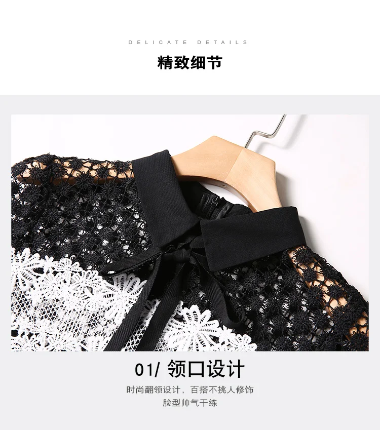 Женское летнее элегантное платье с нашивками высокого качества, короткими рукавами, воротником с отворотом, черное, для офисных вечеринок, с длинным кружевом.