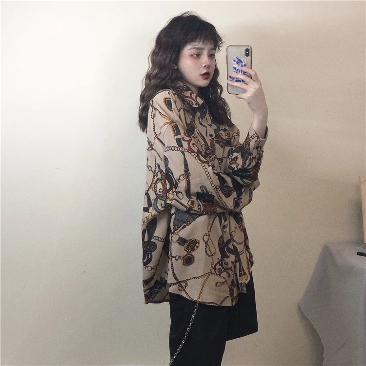 Korobov Harajuku женская блузка Ulzzang с мультяшным принтом женская рубашка уличная Свободная Повседневная с длинным рукавом Mujer Blusas 77284