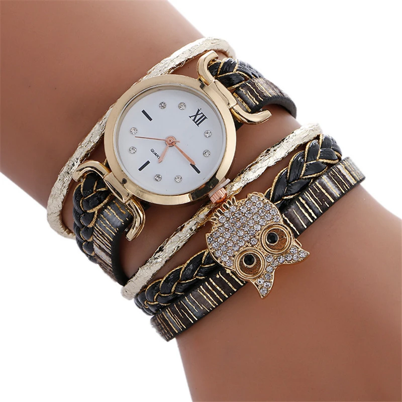 Роскошные брендовые кварцевые женские часы-браслет с изображением совы кожаный