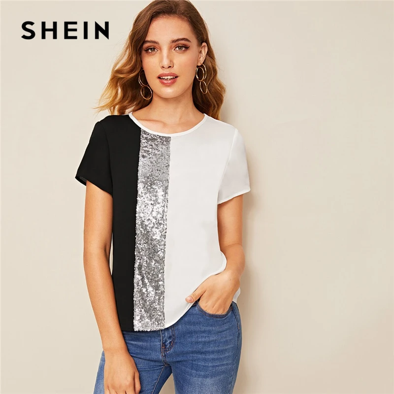 SHEIN модный топ с блестками и контрастной вставкой, Женские топы и блузки,, повседневные летние блузки с коротким рукавом и цветными блоками