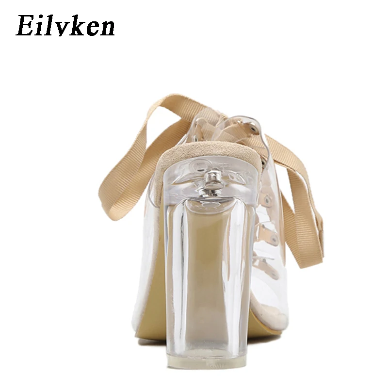 Eilyken/Новинка года; пикантные прозрачные сандалии-гладиаторы из пвх; обувь на шнуровке с открытым носком; прозрачные босоножки на не сужающемся книзу массивном каблуке; женские шлепанцы