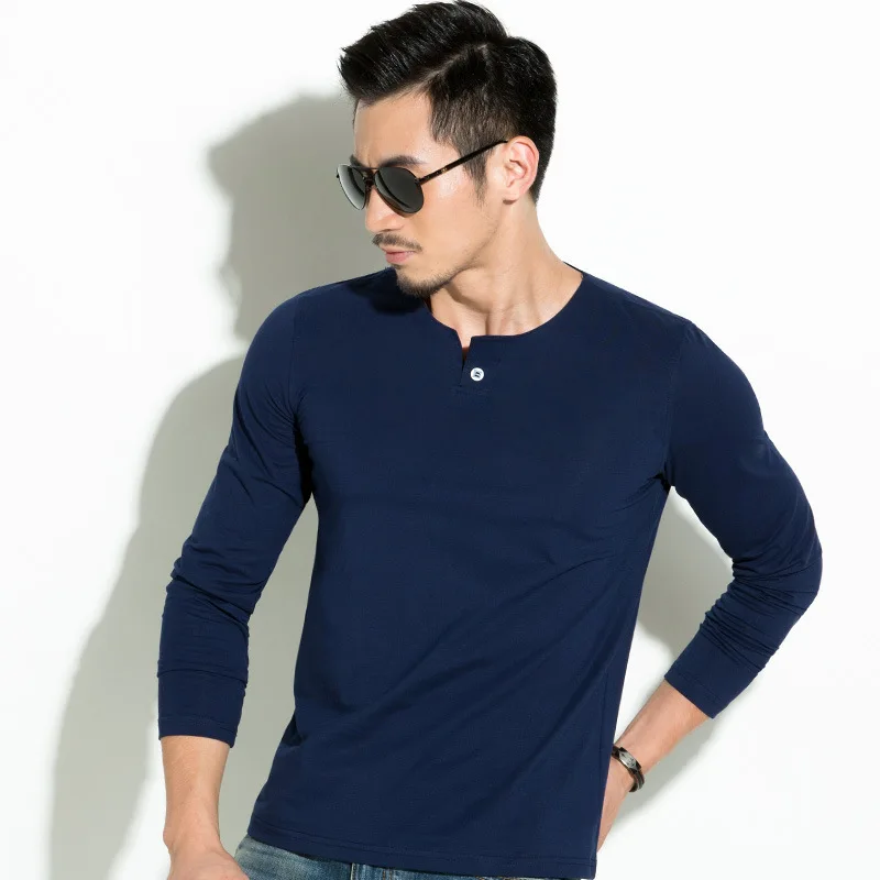 2019 spring and autumn men's long-sleeved shirt Slim O-neck collar button Europe America simple solid color base T-shirt | Мужская