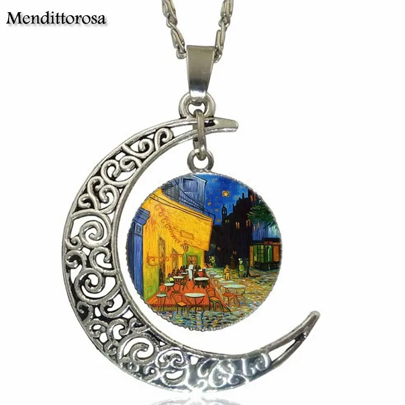 For Lovers Girl Friend Best Gift Van Gogh Cafe Terrace Glass Pendant Necklace Handmade Half Moon | Украшения и аксессуары