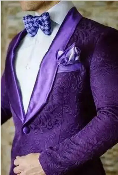 Фото 2018 фиолетовый цветочный мужской костюм атласные смокинги с лацканами Свадебный