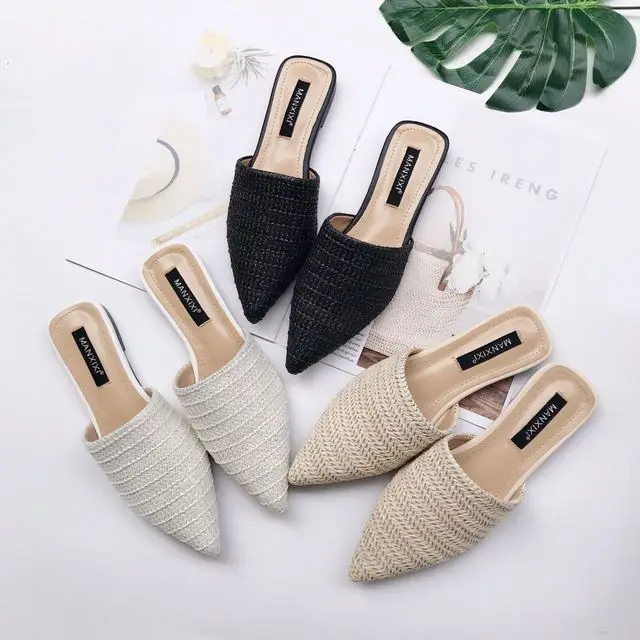 

Dropshipping 2019 Women Slippers Fashion Pointed Toe Weave Mules Shoes Flat Slides Summer Beach Flip Flop Outside Slip on Shoes