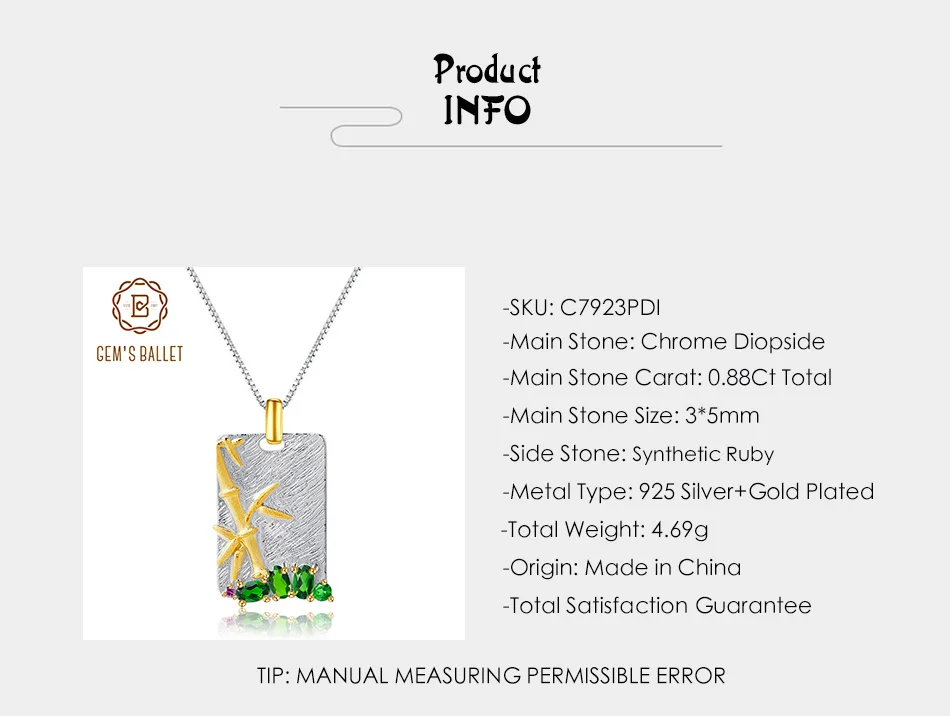 GEM'S BALLET Natural Chrome Diopside Gemstones Pendant 925 Sterling Silver Handmade Creative Bamboo Necklace for Women Wedding