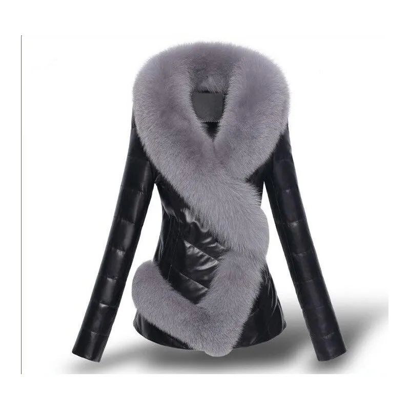 

Winter new PU leather coat thick down cotton clothing female imitation fox fur collar short Slim fur stitching jacket AA-015