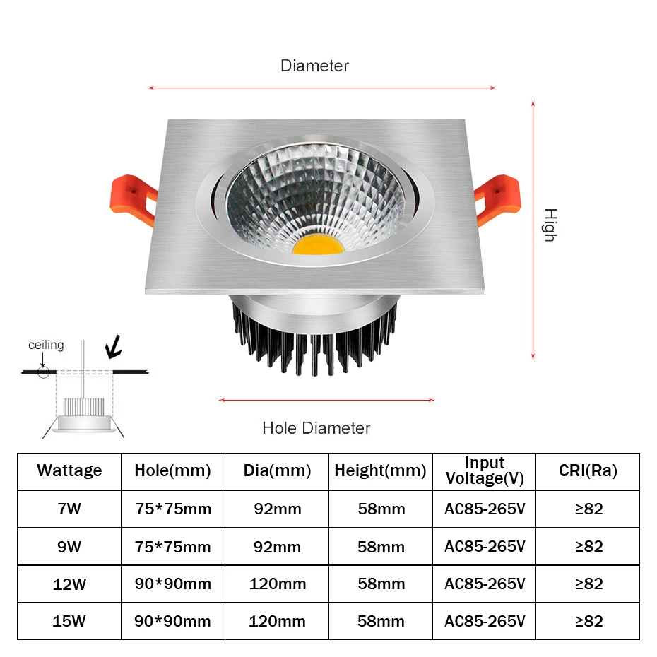 [DBF]-Lámpara LED cuadrada empotrado regulable, 7W, 9W, 12W, 15W, con AC85-265V, para interiores, tienda de ropa, foco de techo