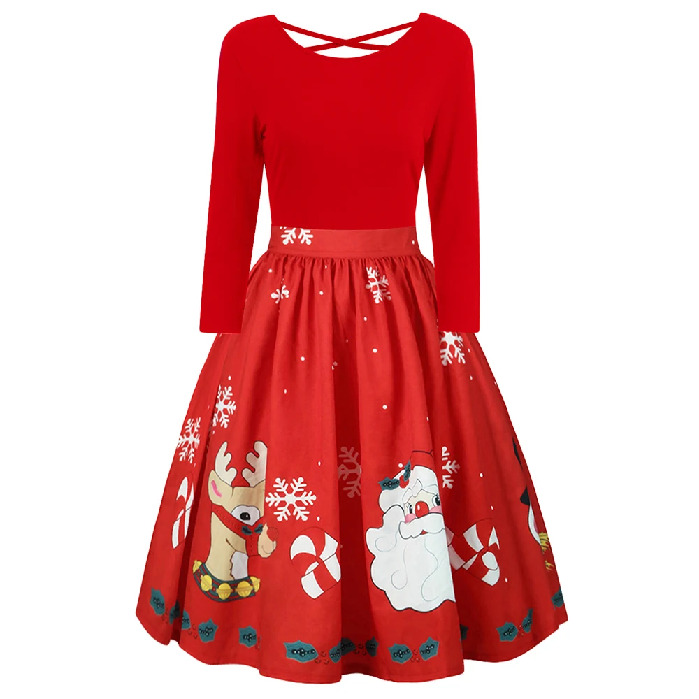 Wipalo Women Plus Size Christmas Party Dress Criss Cross Print Autumn Long Sleeves Midi Vestidos XL~5XL | Женская одежда
