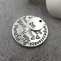 50pcs Lettering Tag Round "kind wise compassionate true thankful happy" Letters Carved Charm Pendants 12+28mm For Handcraft