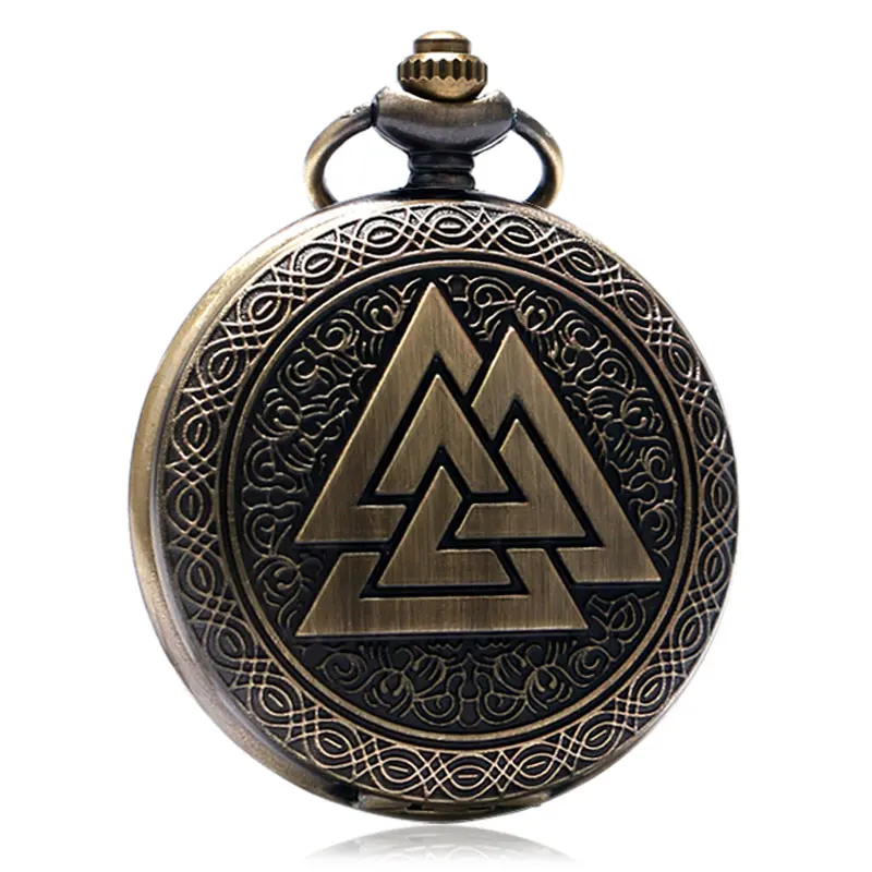 Бронзовые винтажные треугольные часы Valknut в стиле норвежских викингов, кварцевые карманные часы, ожерелье, три переплетенных брелока, часы для женщин и мужчин, подарок