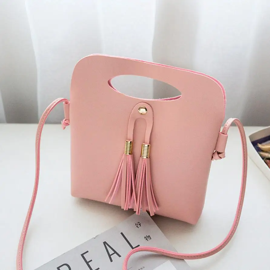 Розовый HTNBO, женская сумка, кожаные сумки, модные, bolsa feminina, мягкий клатч, на плечо, с кисточками, одноцветная, с верхней ручкой, сумка-мешок, через плечо, сумка-тоут - Цвет: Розовый