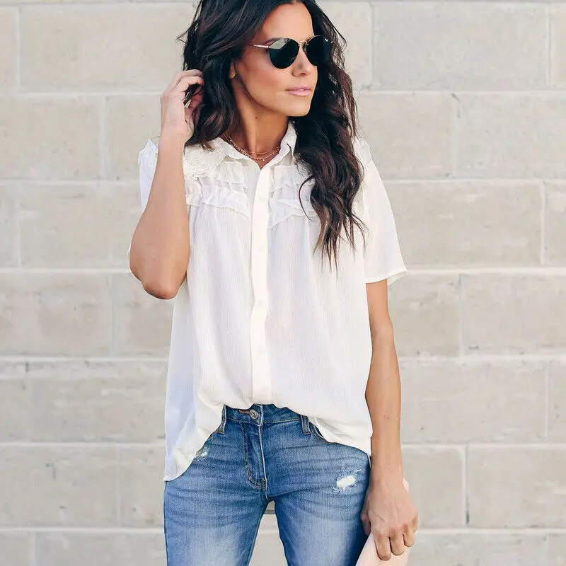 

Летние женские повседневные белые блузки 2019, новые женские летние повседневные блузки с коротким рукавом и отложным воротником, свободные ...