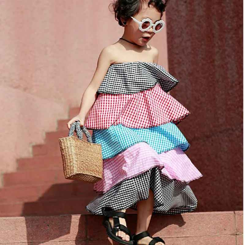 Summer Girls Strapless Dresses Patchwork Plaid Cascading Ruffle Backless Off Shoulder Slim Cake Layered Dress Girl Beach Clothes | Детская