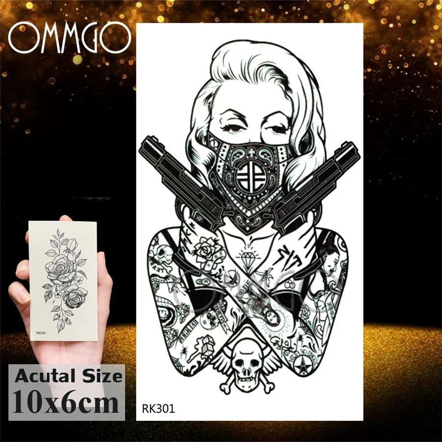 OMMGO Gangsta Girl Weapon Sexy Style Temporary Tattoos Sticker Cover Custom Fashion Black Body Art Arm Fake Tatoo Waterproof images - 6
