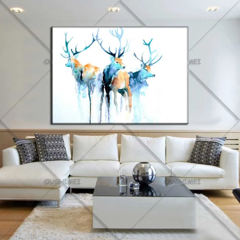 Ручная роспись современный синий олень картина маслом для украшения стен 3 оленя